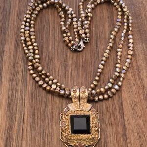 Elegant Gold Over 925 and Black Stone Pendant Necklace